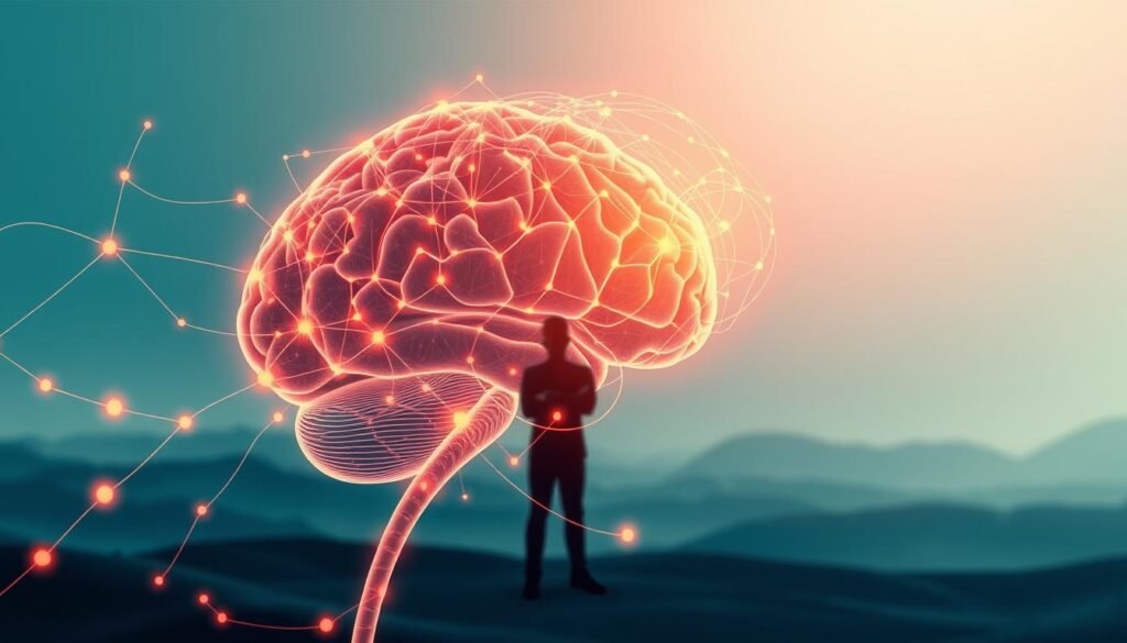 A vibrant, high-resolution image showcasing the intricate "Conexão Cérebro-Emagrecimento" (Brain-Weight Loss Connection). In the foreground, a stylized, anatomically accurate human brain pulsates with neural activity, highlighted by a warm, glowing aura. Surrounding the brain, a network of interconnected pathways and synapses, representing the complex neurological mechanisms that govern weight management. In the middle ground, a silhouette of a person in a thoughtful, contemplative pose, emphasizing the role of the mind and its influence on physical health. The background depicts a minimalist, abstract landscape, with shades of blues and greens, conveying a sense of balance, harmony, and the interplay between the brain and the body. Soft, directional lighting casts subtle shadows, adding depth and dimensionality to the scene. The overall atmosphere is one of scientific exploration, introspection, and the power of the mind-body connection.