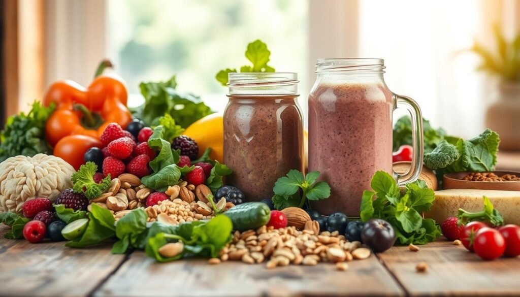A vibrant, high-resolution still life depicting a selection of brain-nourishing foods. In the foreground, an assortment of fresh produce including leafy greens, berries, nuts, and whole grains artfully arranged on a rustic wooden table. The middle ground features a glass jar filled with a smoothie or shake, its vibrant colors and frothy texture evoking a sense of health and vitality. In the background, a softly lit window allows natural light to filter in, creating a warm, inviting atmosphere. The overall composition conveys the idea of "brain food" - a balanced, nutrient-dense diet that supports cognitive function and mental well-being.