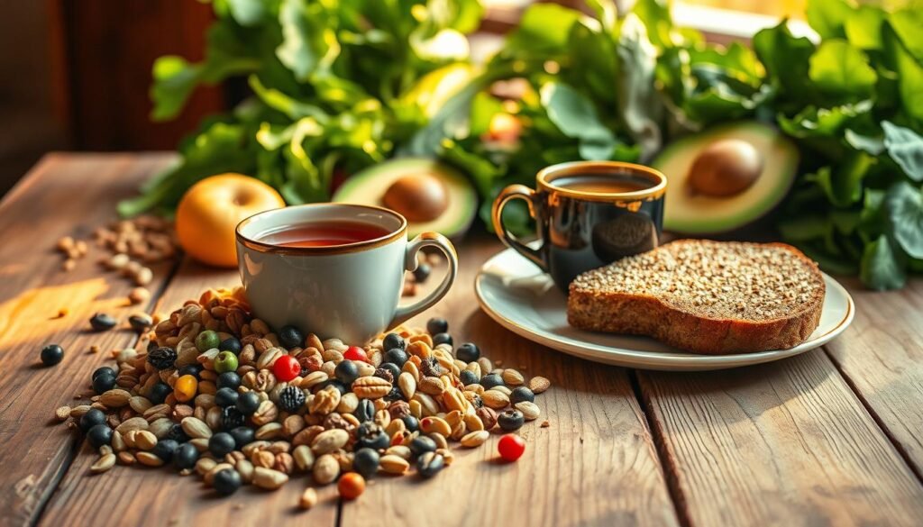 A vibrant still life of brain-boosting foods arranged on a rustic wooden table, bathed in warm, golden lighting. In the foreground, a variety of nuts, seeds, and berries spill out from an elegant ceramic bowl. In the middle ground, a steaming mug of herbal tea sits alongside a plate of sliced avocado and whole grain toast. In the background, lush green leafy vegetables and a selection of fresh fruits create a visually appealing and nutritious tableau. The overall mood is one of nourishment, clarity, and mental vitality, perfectly capturing the essence of "alimentação para o cérebro".