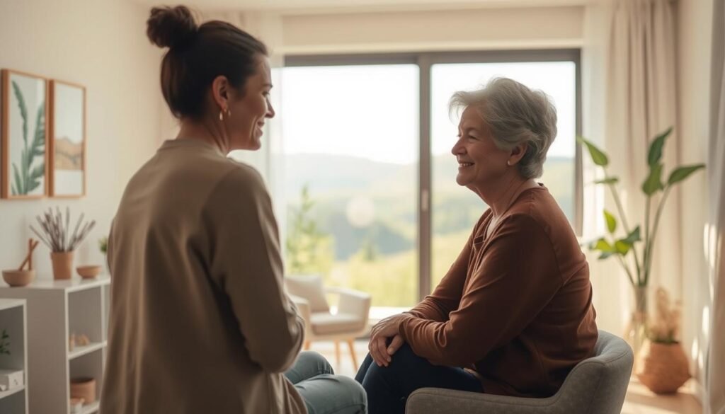 A warm, comforting scene of a person receiving psychological support for food addiction. In the foreground, a counselor sits with a patient, their faces expressing empathy and understanding. Mid-ground, a cozy, softly-lit therapy room with calming artwork and natural elements. The background depicts a serene, natural landscape visible through a large window, symbolizing the journey to healing. Soft, diffused lighting creates a sense of tranquility, while the composition conveys a feeling of safety, support, and the path to recovery.
