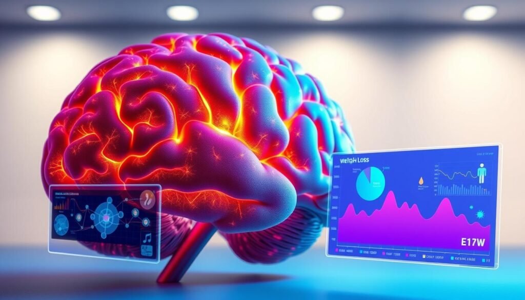 Prompt A detailed brain cross-section with neural pathways, synapses, and neurons in vibrant colors, set against a sleek, minimalist backdrop. The brain is highlighted with a warm, soft lighting that casts a subtle glow, emphasizing its intricate structure. In the foreground, holographic displays showcase data visualizations and infographics related to the science of weight loss and metabolism. The overall composition conveys a sense of scientific discovery and the fascinating interplay between the mind and the body.