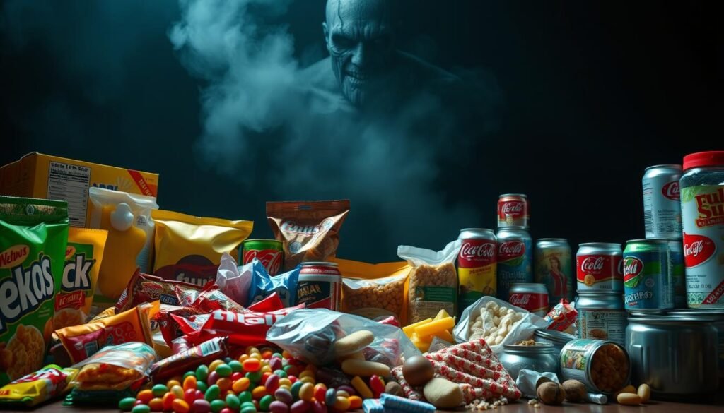 A high-contrast, cinematic still life featuring an array of ultra-processed food items. In the foreground, an assortment of brightly colored, highly artificial-looking snacks and sweets, including sugary cereals, candy bars, and soda cans. The middle ground showcases an array of heavily processed convenience foods, such as frozen meals, microwavable dishes, and canned goods. In the background, a shadowy, ominous presence looms, conveying a sense of danger and unhealthiness. The lighting is dramatic, with harsh shadows and highlights that accentuate the unnatural, synthetic qualities of the products. The overall mood is one of unease and caution, hinting at the potential health risks associated with over-consumption of ultra-processed foods.