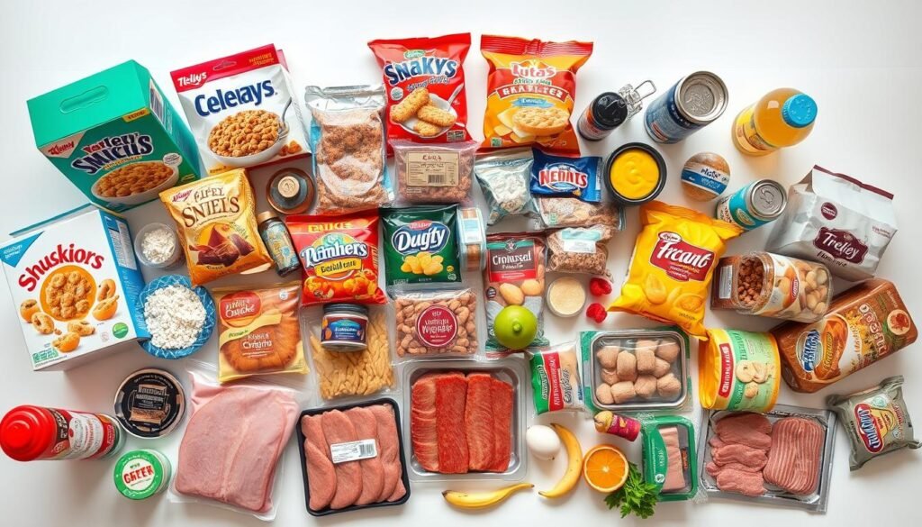 A table filled with a variety of highly processed, packaged foods including sugary cereals, salty snacks, sweetened drinks, processed meats, and other convenience items. The scene is shot from an overhead angle, with the items arranged in a visually appealing and symmetrical manner against a simple, clean background. The lighting is bright and natural, highlighting the vibrant colors and textures of the foods. The mood is one of clinical detachment, inviting the viewer to objectively examine these common examples of ultra-processed products.