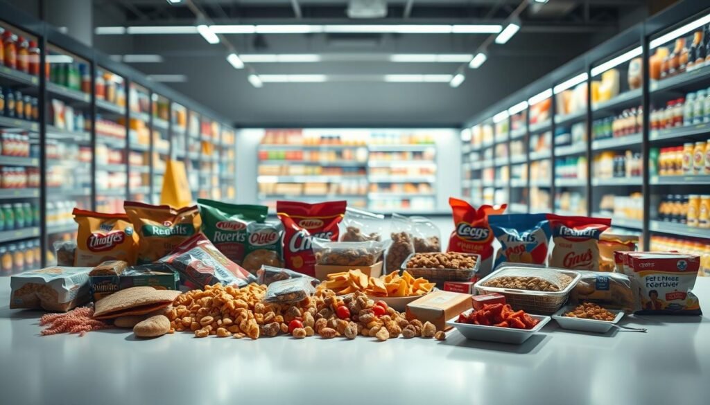 Highly processed and packaged foods, a visually striking still life composition. Brightly lit foreground with a variety of processed snacks, cereals, and convenience meals laid out on a plain white surface. Middle ground features a blurred backdrop of additional processed food products lining store shelves, conveying a sense of abundance and availability. Dramatic lighting casts long shadows, emphasizing the artificial, industrialized nature of the subjects. Muted color palette with pops of brand colors, creating a clinical, almost sterile atmosphere. Angles and perspectives designed to highlight the mass-produced, homogenous qualities of ultra-processed foods.