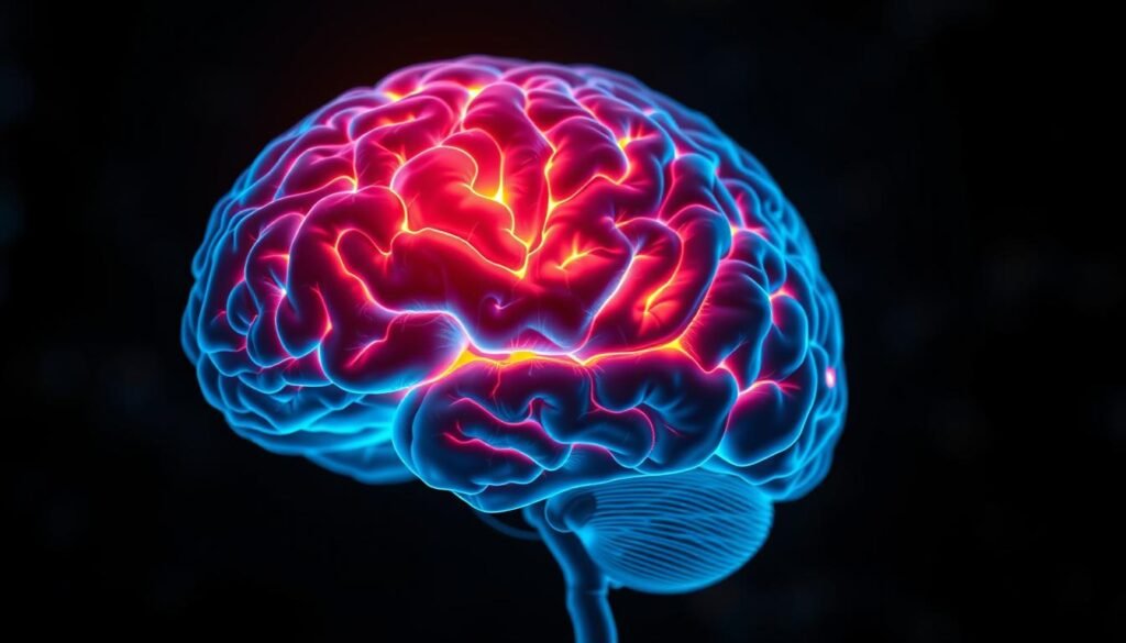A brain scan revealing the neural pathways associated with food addiction, with a vibrant, neon-like glow illuminating the areas of heightened activity. The foreground showcases the intricate, labyrinth-like structure of the brain, while the background softly fades into a dark, contemplative atmosphere. The lighting is dramatic, casting deep shadows and highlighting the complexity of the neural networks. The overall composition conveys a sense of the powerful, primal pull of food cravings, the neural triggers that drive addictive behaviors.