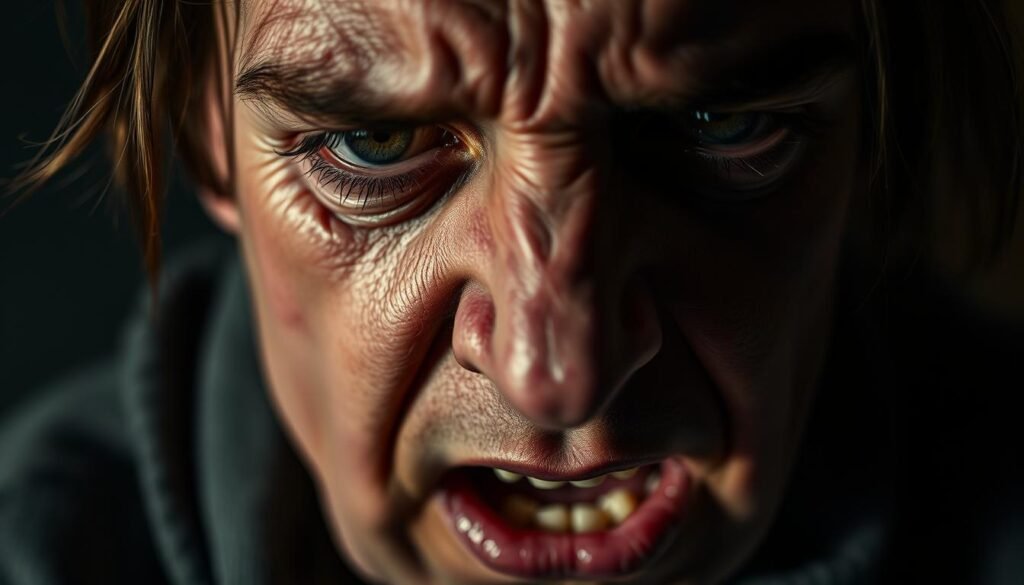 A close-up portrait of an individual's face, with a strong sense of exhaustion, desperation, and an almost haunted expression. The eyes are sunken and the skin is pale, conveying a sense of deep psychological and physical distress. The background is blurred, suggesting a tight focus on the subject's inner turmoil. The lighting is dramatic, creating dramatic shadows that accentuate the subject's features, heightening the intensity of the emotional state. The composition is tightly framed, emphasizing the subject's overwhelming sense of "food addiction" and the overwhelming power it has over their life.