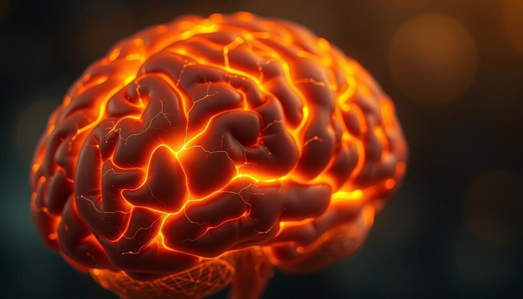A close-up view of a human brain, its surface illuminated by a warm, golden light, with intricate neural pathways and connections visually represented as glowing, vibrant lines. In the foreground, a section of the brain is highlighted, subtly pulsing with energy, symbolizing the intricate relationship between emotions and appetite regulation. The background is softly blurred, creating a sense of depth and focus on the central subject. The overall composition conveys the profound influence of the brain on the complex mechanisms of obesity and the importance of understanding this connection for successful weight management and bariatric preparation.