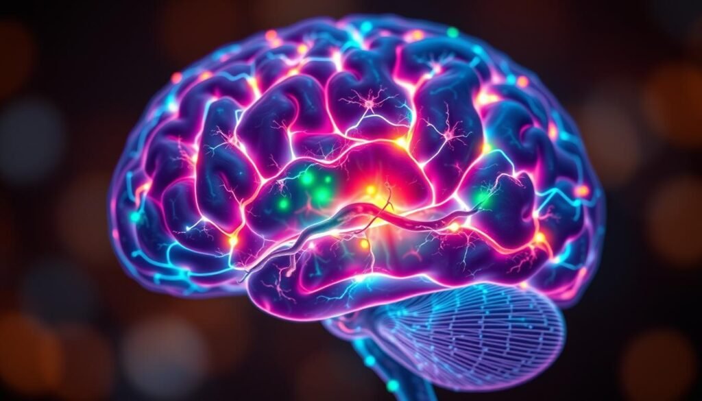 A close-up view of a human brain, with intricate neural pathways and synapses illuminated in vivid colors. The brain appears to be in a state of heightened activity, with certain regions pulsing and glowing, indicating the effects of a food addiction. The background is hazy and out of focus, creating a sense of depth and highlighting the central focus on the brain itself. The lighting is soft and diffused, casting a warm, almost ethereal glow over the scene. The overall mood is one of introspection and scientific exploration, inviting the viewer to delve deeper into the complex relationship between the brain and food addiction.