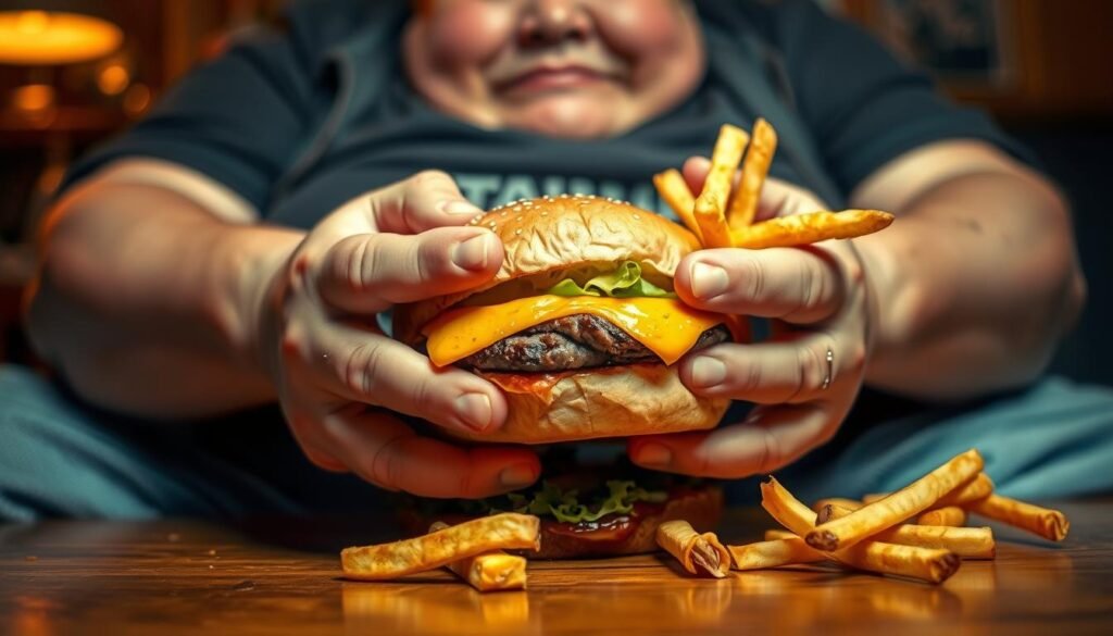 A close-up view of an overweight person's hands grasping a fast food burger and fries, symbolizing the grip of food addiction. The foreground is in sharp focus, with a blurred background suggesting an indoor setting. Lighting is warm and intimate, creating a sense of comfort and indulgence. The expression on the person's face conveys a mixture of pleasure and guilt, reflecting the complex emotions associated with compulsive overeating. The image aims to capture the relationship between food dependency and morbid obesity, as a visual representation of the section's theme.