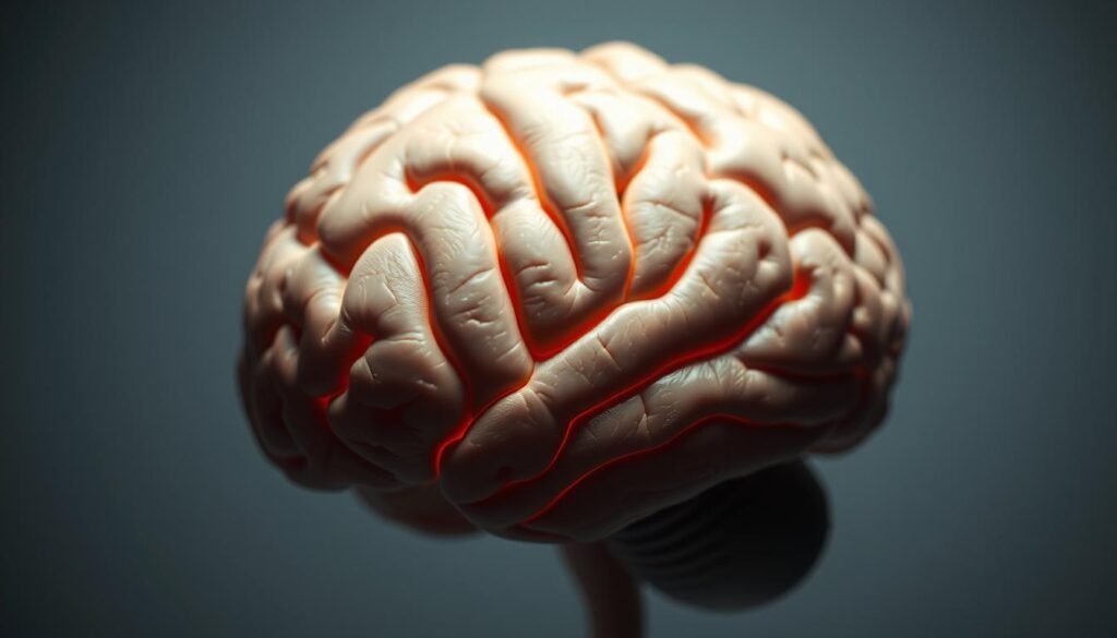 A close-up view of the human brain, with highlighted areas displaying the neural pathways and regions affected by food addiction. The brain is illuminated from the side, casting dramatic shadows and highlighting the intricate structures. The foreground is in sharp focus, while the background is softly blurred, creating a sense of depth and emphasizing the subject. The overall tone is serious and scientific, conveying the gravity of the topic. Subtle color gradients and muted tones evoke a sense of medical imagery and research. The level of detail allows for a clear understanding of the neurological changes associated with food addiction.