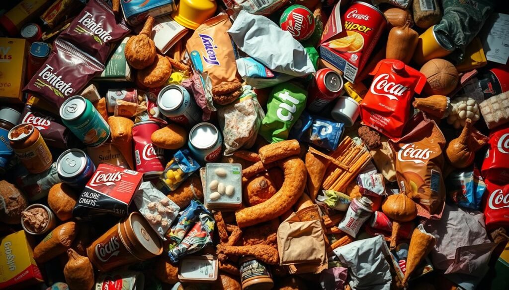 A cluttered arrangement of highly processed, calorie-dense food items, including sugary drinks, salty snacks, and fatty, chemically-modified treats. The items are haphazardly strewn across the frame, creating a sense of overwhelming abundance and temptation. Harsh, unnatural lighting casts harsh shadows, giving the scene an unsettling, almost sinister atmosphere. The overall composition conveys the addictive, ubiquitous nature of ultra-processed foods, and the challenges they present to those seeking to control their hunger and manage their diet.