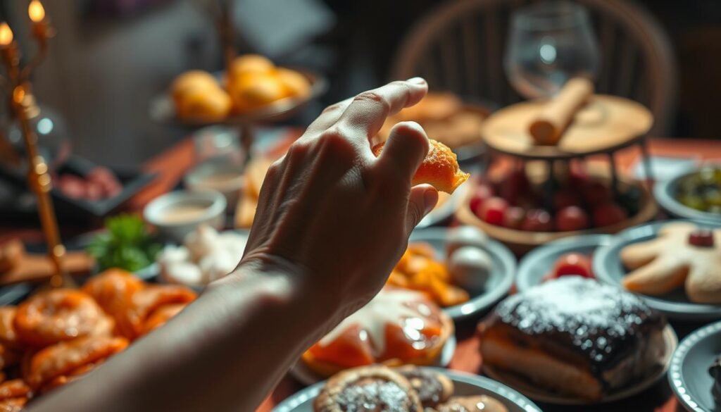 A delectable feast of temptation, a table groaning under the weight of decadent dishes. Vibrant colors, rich textures, and an aroma that beckons the senses. In the foreground, a single hand reaching towards a glistening pastry, the fingers trembling with the desire to indulge. The background blurs, the world reduced to this singular moment of intense craving. Soft, warm lighting casts a seductive glow, heightening the allure of the forbidden feast. A sense of unease permeates the scene, hinting at the compulsive nature of this food addiction. The viewer is drawn in, torn between the temptation to surrender and the need to resist.