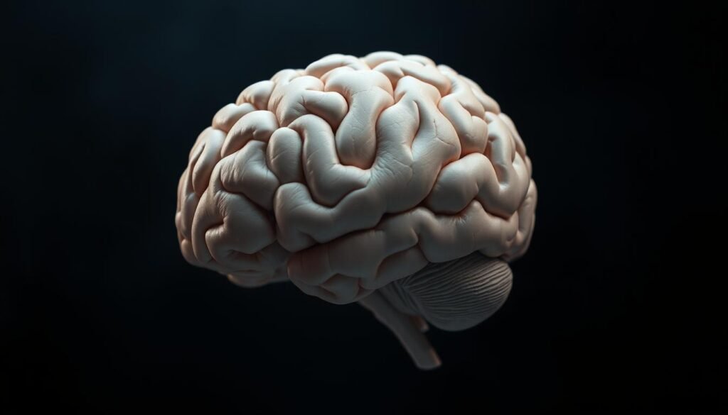A detailed 3D anatomical representation of a human brain with visible signs of atrophy, displayed against a dark, moody backdrop. The brain should appear diminished in size, with visible sulci and gyri, reflecting the concept of "emagrecimento cerebral" or "brain atrophy". Subtle lighting should create a sense of depth and volume, highlighting the intricate structures of the brain. The overall atmosphere should convey a sense of neurological decline and the impact of unhealthy behaviors on the brain's health.
