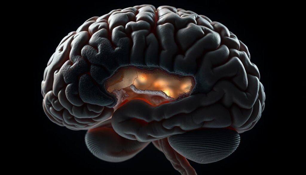 A detailed cross-section of a human brain, with areas of significant neural degeneration and atrophy, visualizing the concept of "emagrecimento cerebral" or brain shrinkage. The image should depict the affected regions in shades of gray, with a stark contrast to the healthier, vibrant areas. Emphasize the deterioration through a moody, clinical lighting that casts long shadows, shot from a slightly elevated angle to provide a sense of scale and depth. Render the brain tissue with a high level of anatomical accuracy, while maintaining an artistic, illustrative quality that conveys the gravity of the subject matter.