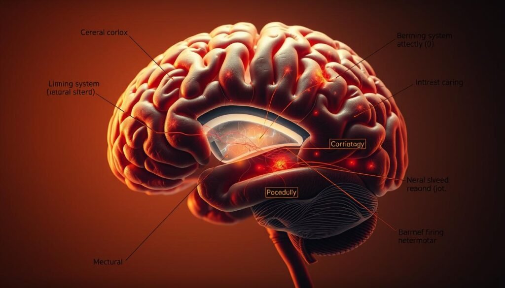 A detailed cross-section of a human brain, with various regions highlighted and labeled to illustrate the complex neural processes involved in food processing. The cerebral cortex, limbic system, and midbrain are prominently featured, with dynamic visuals depicting the flow of information, neural firing, and metabolic activity. Warm lighting casts an introspective glow, conveying the deep, intuitive nature of this fundamental human function. Subtle textures and a muted color palette lend a sense of anatomical precision and scientific study to the scene. The overall impression is one of a sophisticated, technology-enhanced visualization of the "black box" of the brain's food processing capabilities.