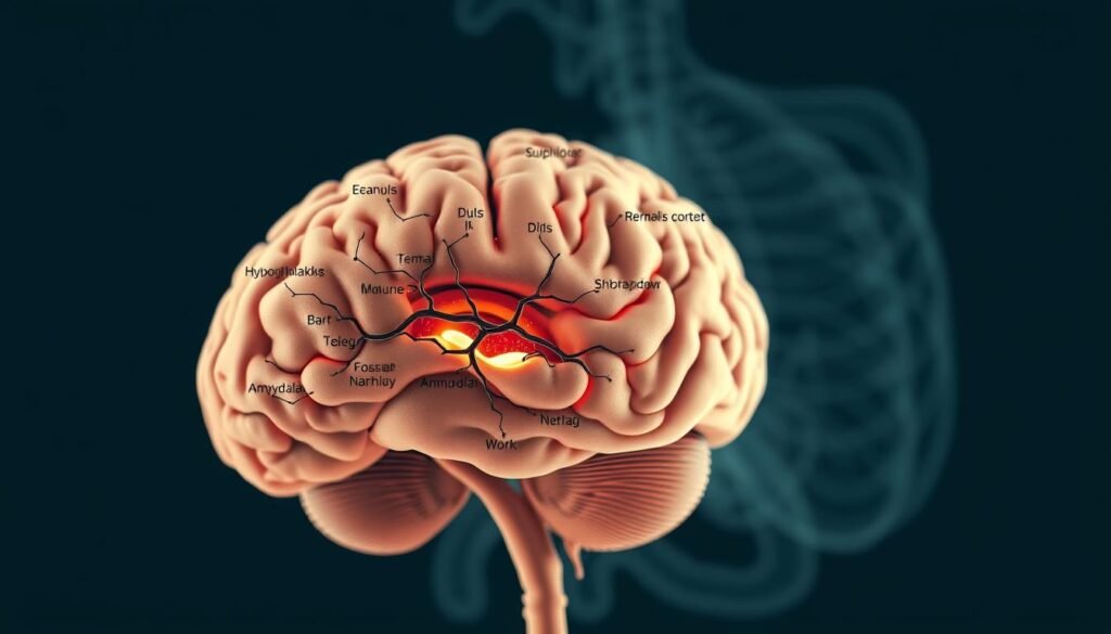 A detailed cross-section of the human brain, with various regions highlighted and labeled to illustrate the neural mechanisms underlying food intake, appetite regulation, and metabolism. The image should have a clean, scientific aesthetic, with a neutral color palette and a sense of depth and dimensionality. The foreground should feature the key neural structures involved in the "neuroscience of nutrition," such as the hypothalamus, amygdala, and frontal cortex, while the middle ground shows the complex web of neural pathways and connections. The background should depict a stylized representation of the digestive system, subtly suggesting the bidirectional relationship between the brain and the gut. The overall mood should convey a sense of intellectual curiosity and scientific understanding.