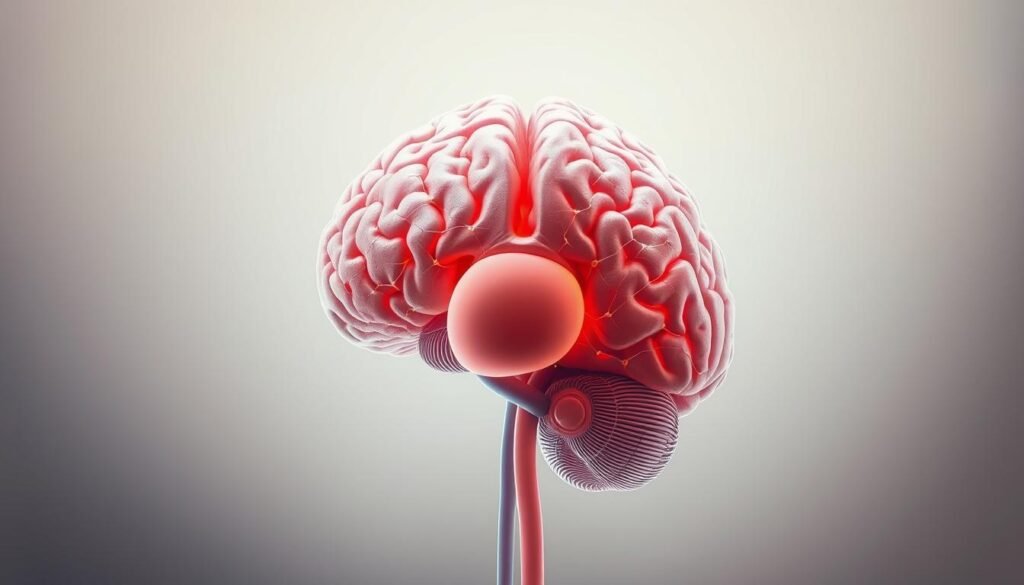 A detailed cross-sectional illustration of the human brain interacting with a schematic representation of obesity. The brain, rendered in vivid anatomical detail, is positioned prominently in the foreground, connected to the body via neural pathways. In the middle ground, a simplified, stylized human figure represents obesity, with emphasis on the abdominal region. The background features a soft, ethereal gradient, conveying a sense of scientific inquiry and contemplation. The lighting is soft and diffused, creating a sense of depth and three-dimensionality. The overall mood is one of intellectual curiosity, inviting the viewer to explore the relationship between the brain and obesity.