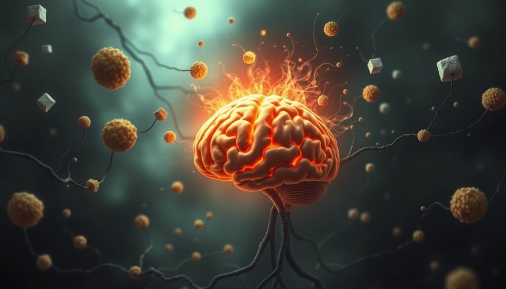 A detailed illustration of the concept of "cerebral reward". In the foreground, a human brain emits a warm, glowing energy, radiating an alluring pull. Surrounding it, swirling shapes and textures representing the temptations of sugar and fat, casting an enticing spell. In the middle ground, a neural network of pathways weaves through the scene, conveying the complex connections between the brain's reward system and cravings. The background is hazy, creating an atmospheric, almost dreamlike quality, emphasizing the subconscious nature of these powerful neurological processes. Dramatic lighting casts deep shadows, heightening the sense of intensity and compulsion. The overall mood is captivating yet unsettling, mirroring the challenges of overcoming the brain's primal drive for immediate gratification.