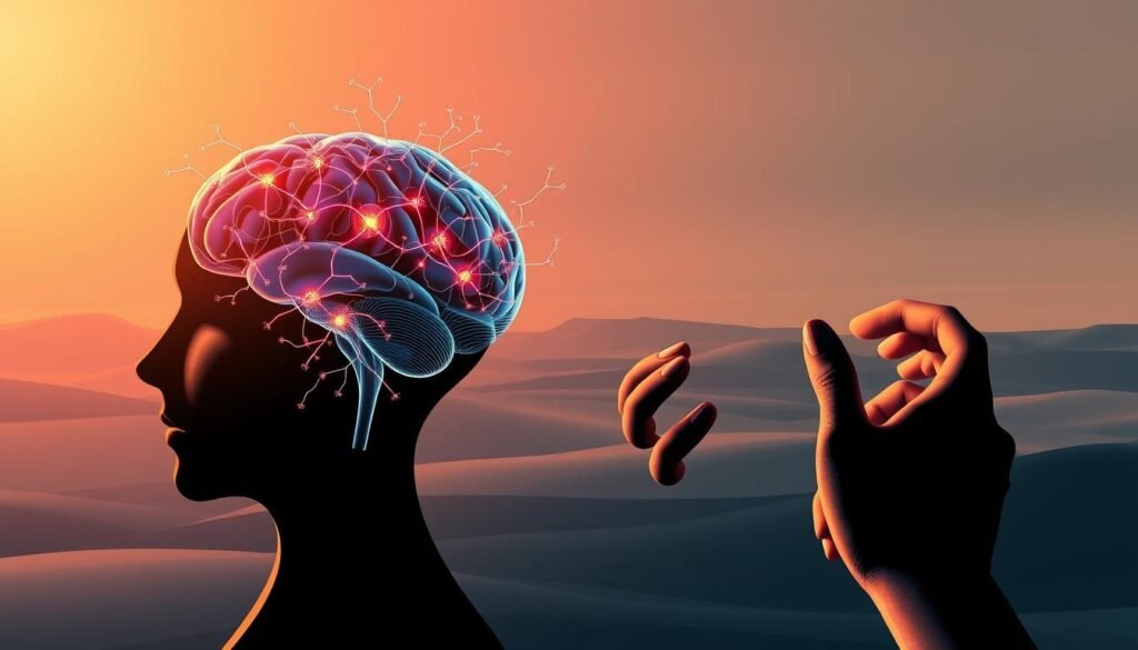 A high-contrast, dynamic digital illustration depicting the intricate relationship between neuroplasticity and habit formation. In the foreground, a human brain with interconnected neural pathways pulsing with vibrant energy, representing the brain's remarkable ability to adapt and change. In the middle ground, a pair of hands carefully crafting a new habit, symbolizing the conscious effort required to rewire neural connections. In the background, a serene, minimalist landscape with soft gradients, conveying the sense of calm and focus needed to cultivate lasting, healthy habits. The scene is illuminated by a warm, directional light, casting subtle shadows and highlights that accentuate the depth and texture of the elements. The overall mood is one of introspection, growth, and the power of the mind to shape our lives through incremental, intentional changes.