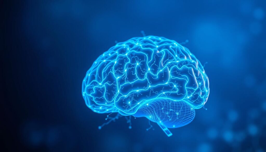 A high-definition, photorealistic image of the human brain showcasing its intricate neural networks and dynamic neuroplasticity. The brain is the central focus, occupying the foreground and filling the majority of the frame. The neurons are depicted as glowing, interconnected pathways of electric-blue energy, weaving and branching out in a mesmerizing, fractal-like pattern. The background is a soft, ethereal gradient, transitioning from deep indigo to vibrant cerulean, creating a sense of depth and a serene, contemplative atmosphere. Subtle lighting from above casts gentle shadows, accentuating the three-dimensional form of the brain and the intricate neural architecture. The overall tone is one of scientific wonder and exploration, inviting the viewer to ponder the incredible adaptability and potential of the human mind.