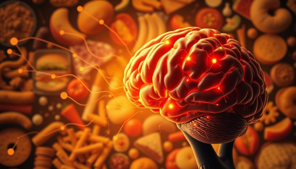 A high-resolution, detailed illustration of the neurological mechanisms behind food addiction. In the foreground, a human brain with highlighted areas of the reward and pleasure centers. In the middle ground, neurotransmitters and chemical signals racing through synaptic pathways. In the background, a collage of tempting, calorie-dense foods that trigger these reward responses. The scene is illuminated by a warm, golden light, creating a sense of introspection and scientific discovery. The overall mood is one of deep understanding, as if peering into the inner workings of the addictive mind. Rendered in a photorealistic, slightly cinematic style.