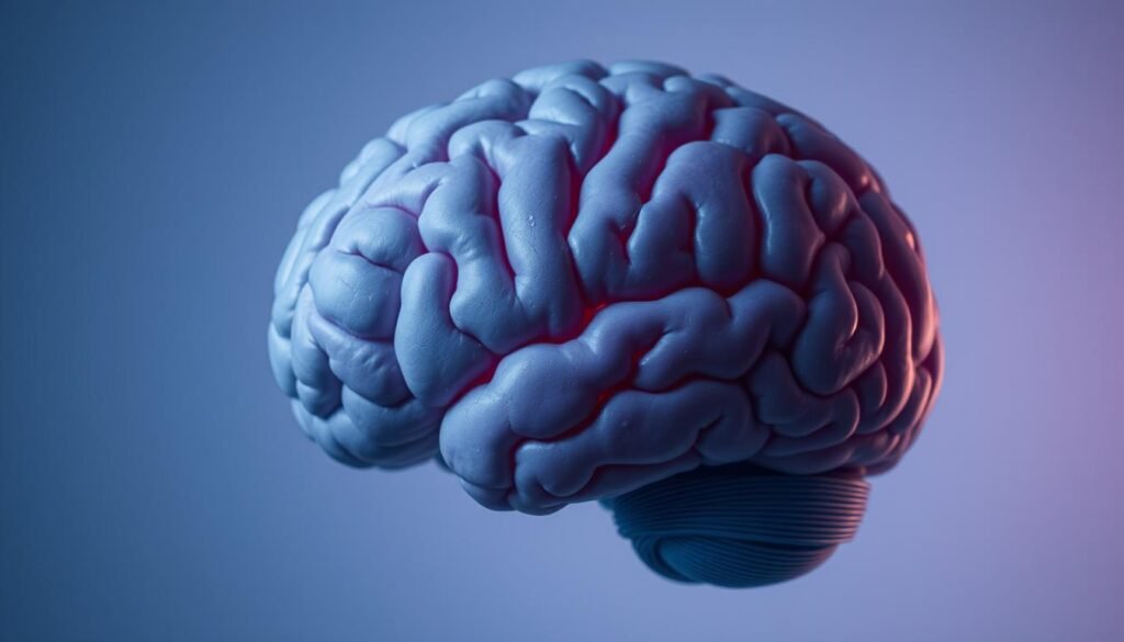 A human brain in a state of cognitive reduction, the gray matter diminishing and neural pathways receding. The mind's infrastructure paring down, streamlining for greater efficiency. Subtle hues of blue and violet cast a contemplative atmosphere, as if the brain is in deep introspection. Soft, diffused lighting illuminates the scene, highlighting the delicate, almost ethereal quality of the cerebral landscape. The viewer is drawn into the inner workings of the mind, invited to ponder the process of "emagrecimento cerebral" - the mental slimming that enables lasting weight loss through reprogramming one's psychological relationship with food and the body.