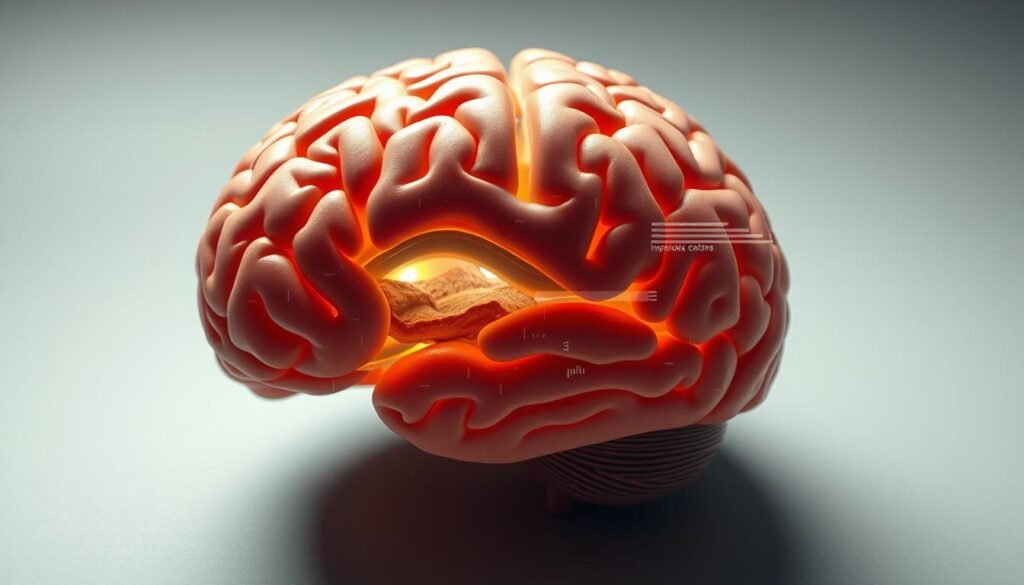 A human brain, sectioned and illuminated, showcasing distinct regions and neural pathways. The cerebral cortex and limbic system are highlighted, revealing the complex interplay between reward centers and impulse control. Subtle distortions and glitches suggest the brain's adaptation to excessive food stimuli, creating a sense of unease and imbalance. The image is rendered with a muted, almost clinical color palette, emphasizing the scientific nature of the subject matter. Soft, directional lighting casts shadows that accentuate the three-dimensional structure, inviting the viewer to explore the intricate workings of the "food-addicted" brain.