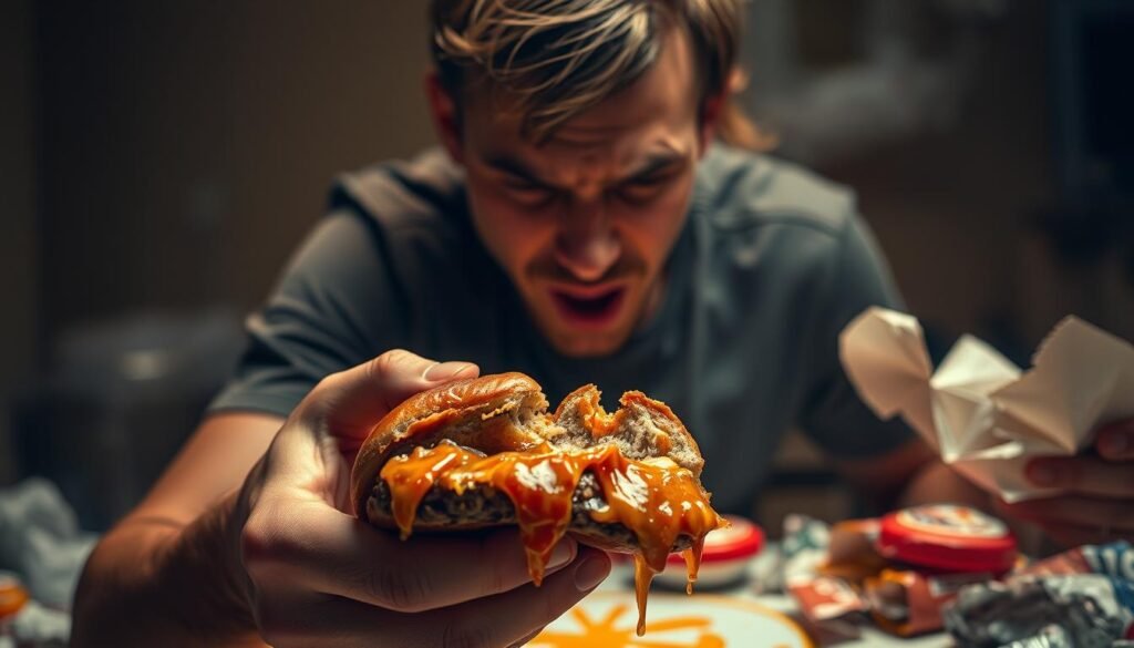 A person consumed by a compulsive desire for unhealthy food, their face distorted by an insatiable craving. In the foreground, their hands clutch a half-eaten burger, grease dripping down their fingers. The middle ground reveals a cluttered table, littered with empty wrappers and discarded snack bags. The background is shrouded in a hazy, dimly lit room, conveying a sense of isolation and despair. Soft, warm lighting casts a sickly glow, emphasizing the individual's emotional and physical turmoil. The overall scene evokes the neurological complexities of food addiction, a captivating visual representation of the "neurociência do vício em comida". A person consumed by a compulsive desire for unhealthy food, their face distorted by an insatiable craving. In the foreground, their hands clutch a half-eaten burger, grease dripping down their fingers. The middle ground reveals a cluttered table, littered with empty wrappers and discarded snack bags. The background is shrouded in a hazy, dimly lit room, conveying a sense of isolation and despair. Soft, warm lighting casts a sickly glow, emphasizing the individual's emotional and physical turmoil. The overall scene evokes the neurological complexities of food addiction, a captivating visual representation of the "neurociência do vício em comida".