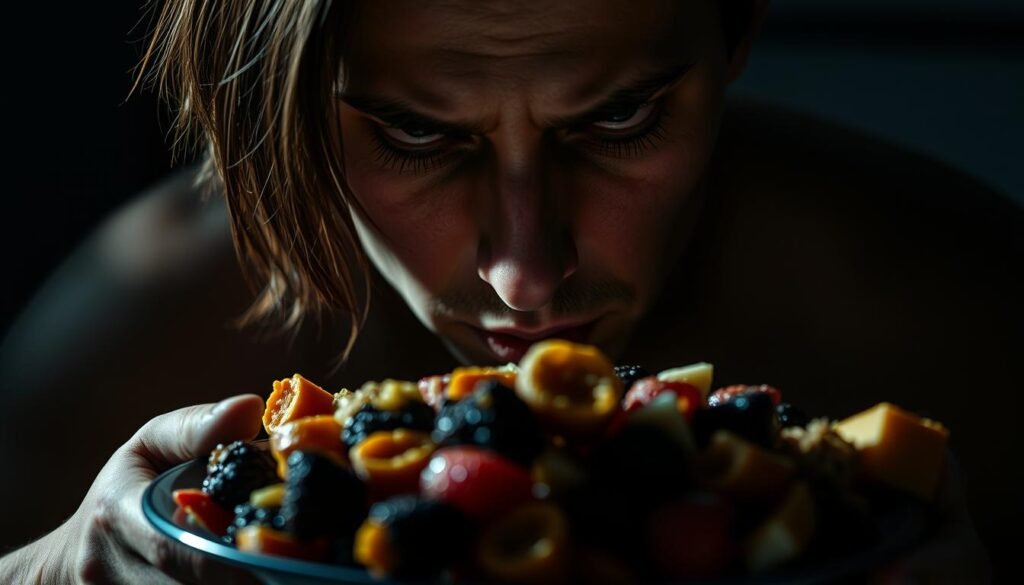 A person consumed by an unhealthy obsession with food, their gaze fixated on a plate overflowing with indulgent delights. Shadows loom, reflecting the psychological and biological complexity of this addiction. The lighting is dramatic, casting a somber mood, as if the subject is trapped in a cycle of craving and guilt. The background is blurred, drawing the viewer's focus to the intense expression and the tempting, yet destructive, food. The composition emphasizes the individual's internal struggle, the battle between mind and body, as they grapple with this pervasive and deeply-rooted compulsion.