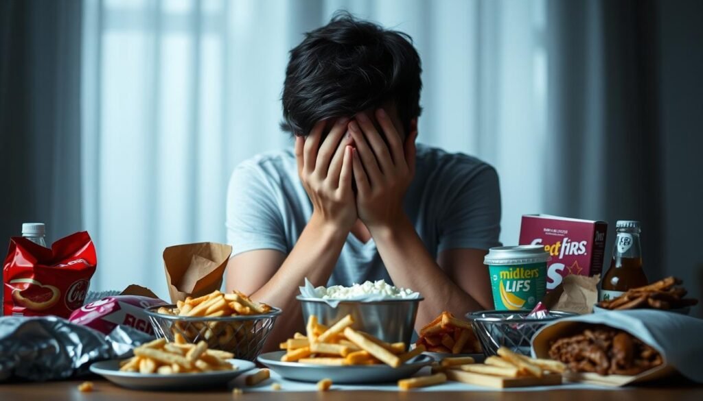 A person sitting at a table, hands covering their face, surrounded by an array of unhealthy snacks and fast food. The lighting is soft and moody, creating a sense of isolation and emotional turmoil. The background is blurred, focusing the viewer's attention on the central figure's internal struggle with binge eating. The image conveys the overwhelming and compulsive nature of the disorder, while hinting at the need for understanding and support.