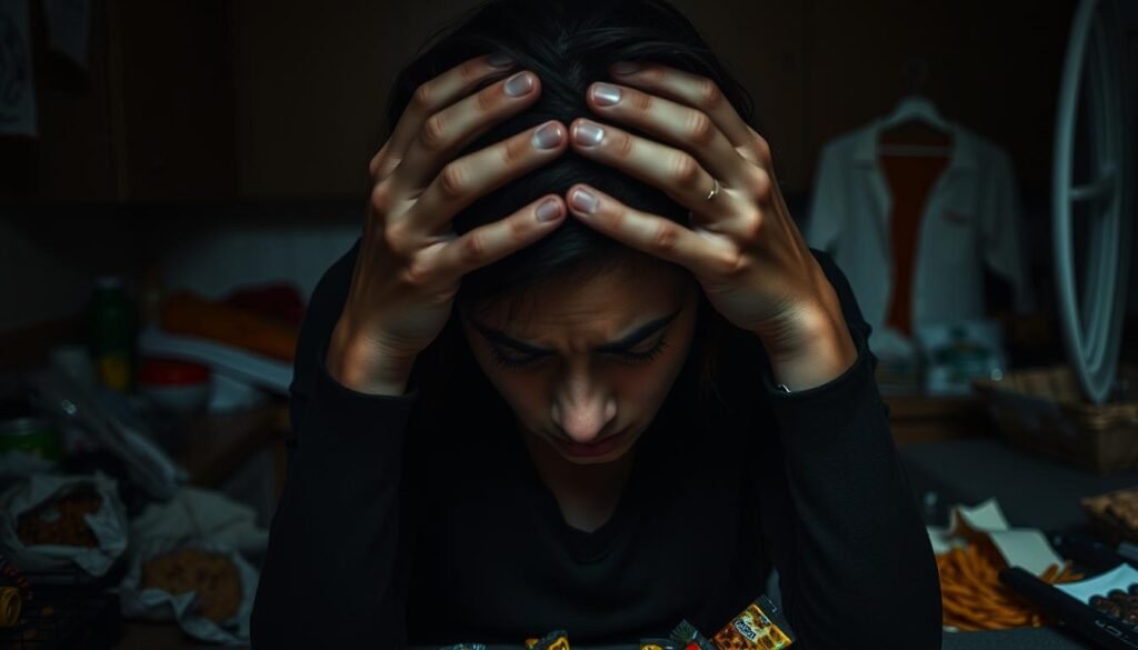 A person's face is turned downward, eyes closed, hands covering their head in distress. The background is a cluttered, disorderly kitchen scene, with various unhealthy foods and half-eaten snacks scattered around. Dim, moody lighting casts shadows, creating a sense of heaviness and emotional turmoil. The overall composition conveys the deep connection between mental health struggles and disordered eating habits, the inner anguish reflected in the exterior chaos. A cinematic, documentary-style approach with a tight focus on the figure, emphasizing the intimate, personal nature of the subject matter.