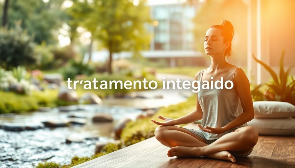 A serene and harmonious scene depicting "tratamento integrado" (integrated treatment). In the foreground, a person sits cross-legged, eyes closed, hands resting gently on their lap, exuding a sense of mindfulness and inner calm. The middle ground features a mix of natural elements - lush greenery, a flowing stream, and a selection of therapeutic tools like crystals, essential oils, and meditation cushions. In the background, blurred yet discernible, a modern healthcare facility stands, symbolizing the integration of holistic and conventional medical approaches. Warm, diffused lighting creates a soothing atmosphere, accentuating the overall theme of balance, well-being, and the seamless fusion of mind, body, and environment.