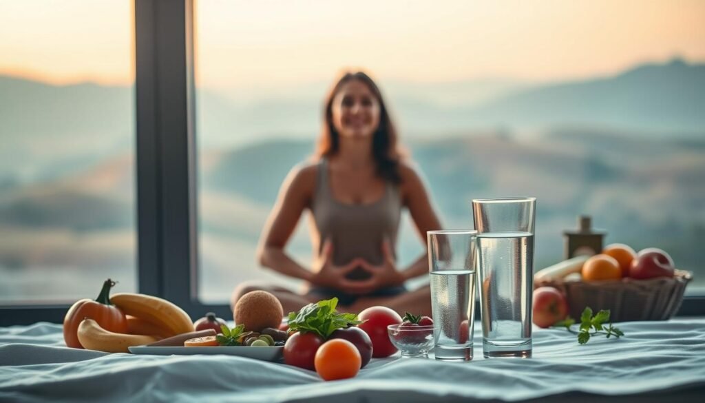 A serene, contemplative scene depicting the connection between mental health and weight management. In the foreground, a person sits in a yoga pose, their face radiating a sense of calm and inner balance. The middle ground features healthy foods like fruits, vegetables, and a glass of water, symbolizing a balanced, nourishing diet. In the background, a softly blurred landscape with gentle rolling hills and a tranquil sky, conveying a sense of harmony and well-being. Warm, natural lighting casts a soothing glow, and the composition is captured through a slightly elevated, atmospheric camera angle, creating a sense of perspective and depth.