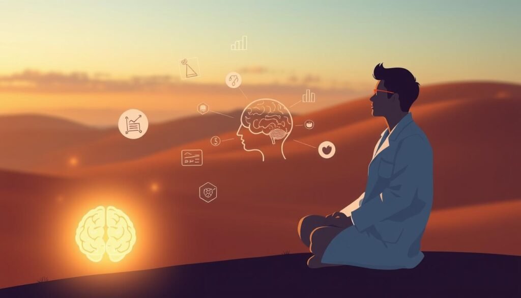 A serene, minimalist illustration of "nutrologia comportamental" set against a warm, earthy background. In the foreground, a thoughtful figure, dressed in a lab coat, sits cross-legged, deep in contemplation. Floating around them, subtle icons representing behavioral analysis, nutritional data, and human psychology. The middle ground features a simplified anatomical diagram of the brain, glowing with soft, ambient light. In the background, a peaceful landscape of rolling hills and a tranquil sky, evoking a sense of holistic well-being. The overall mood is one of introspection, balance, and the harmonious integration of mind, body, and environment.