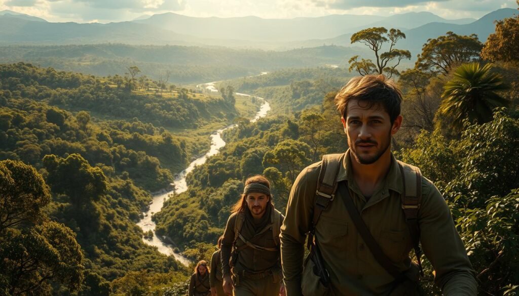 A sprawling expanse of lush, verdant wilderness, with towering trees and winding rivers that carve through the rugged terrain. In the foreground, a group of intrepid explorers, clad in weathered garments, navigate the uncharted landscape, their faces etched with a sense of determination and wonder. Sunlight filters through the canopy, casting a warm, golden glow that illuminates their faces and the verdant foliage surrounding them. In the distance, the silhouettes of rolling hills and towering mountains rise up, hinting at the vast, untamed expanse that lies beyond. The overall scene evokes a sense of pioneering spirit, the thrill of discovery, and the untamed beauty of the Brazilian wilderness.