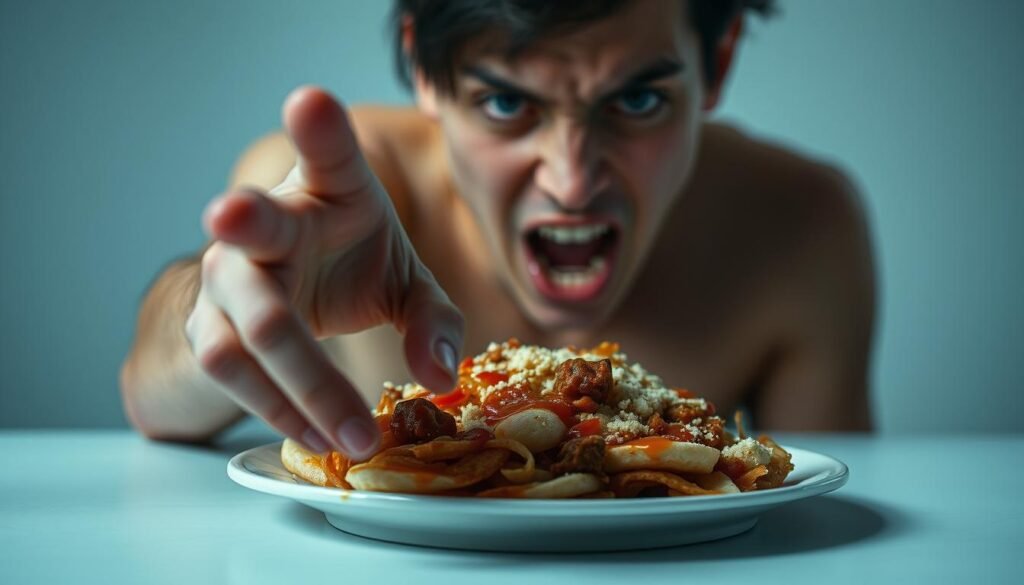 A stark, clinical depiction of food addiction, with a person's hand reaching desperately towards a plate of high-calorie, processed food. The foreground is in sharp focus, capturing the intense, almost anguished expression on the face, conveying the visceral, almost primal, nature of the compulsion. The middle ground fades into a hazy, dreamlike blur, emphasizing the dissociative, disconnected state of the individual. The background is a plain, featureless void, devoid of any distractions, allowing the viewer to fully concentrate on the central figure's internal struggle. Soft, cool lighting casts dramatic shadows, heightening the sense of isolation and inner turmoil. An unsettling, almost monochromatic palette reinforces the sense of desperation and loss of control.