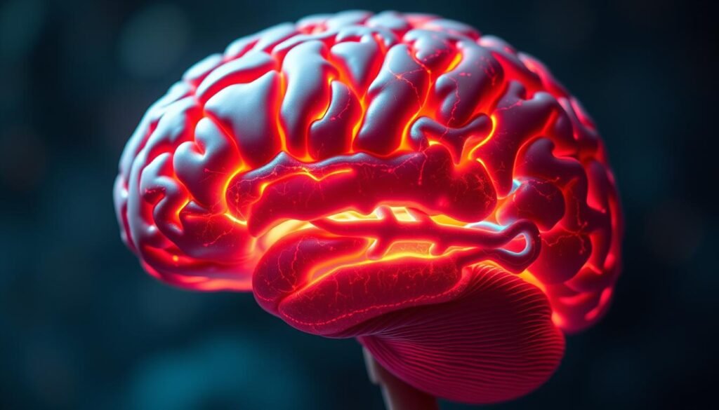 A striking close-up of the human brain, with a focus on the key neural pathways and regions involved in food addiction and obesity. The brain is illuminated from within, with vibrant colors and intricate details revealing the complex interplay of neurotransmitters, hormones, and neural circuits that drive cravings, reward-seeking, and compulsive eating behaviors. The foreground is sharp and detailed, while the background fades into a soft, dreamlike blur, creating a sense of depth and emphasis on the brain's central role. The overall mood is one of scientific curiosity and discovery, inviting the viewer to explore the fascinating workings of the mind that contribute to the obesity epidemic.