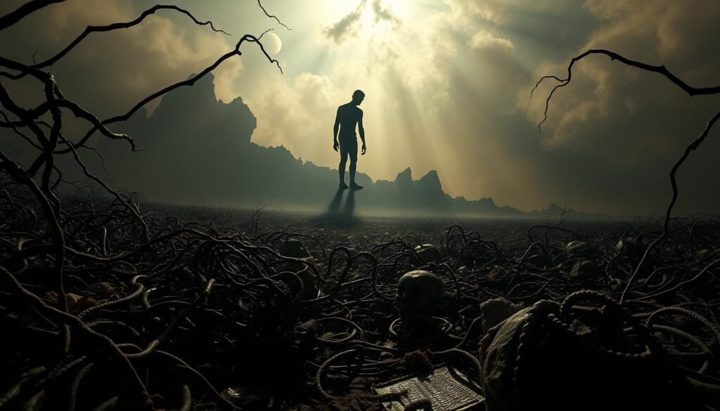 A surreal landscape depicting the causes of compulsive overeating. In the foreground, a tangled web of impulses and emotions - anxiety, stress, depression, and a desperate need for comfort - converge, creating a visceral, unsettling atmosphere. The middle ground features a distorted, towering figure representing the subconscious drivers of the condition, casting a long, ominous shadow. In the background, a hazy, dreamlike realm where unhealthy coping mechanisms and unresolved traumas manifest as a swirling, chaotic mass, overwhelming the senses. Dramatic chiaroscuro lighting casts dramatic shadows, heightening the sense of unease and inner turmoil. Cinematic, wide-angle lens perspective to convey the overwhelming, all-encompassing nature of the subject.