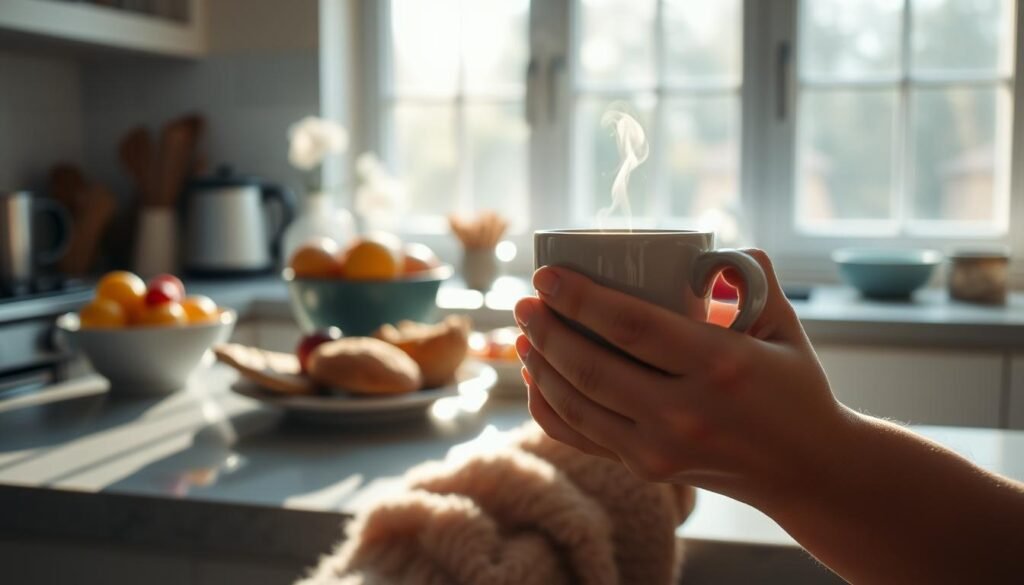 A tranquil kitchen scene, bathed in soft, natural light streaming through a large window. On the counter, an array of comforting, familiar foods - a steaming mug of tea, a bowl of fresh fruit, a plate of homemade baked goods. In the foreground, a person's hands gently cradling a mug, conveying a sense of solace and emotional nourishment. The background is blurred, emphasizing the intimate, introspective moment. The overall mood is one of self-care, mindfulness, and the recognition that true sustenance can come from within, not just from physical consumption.