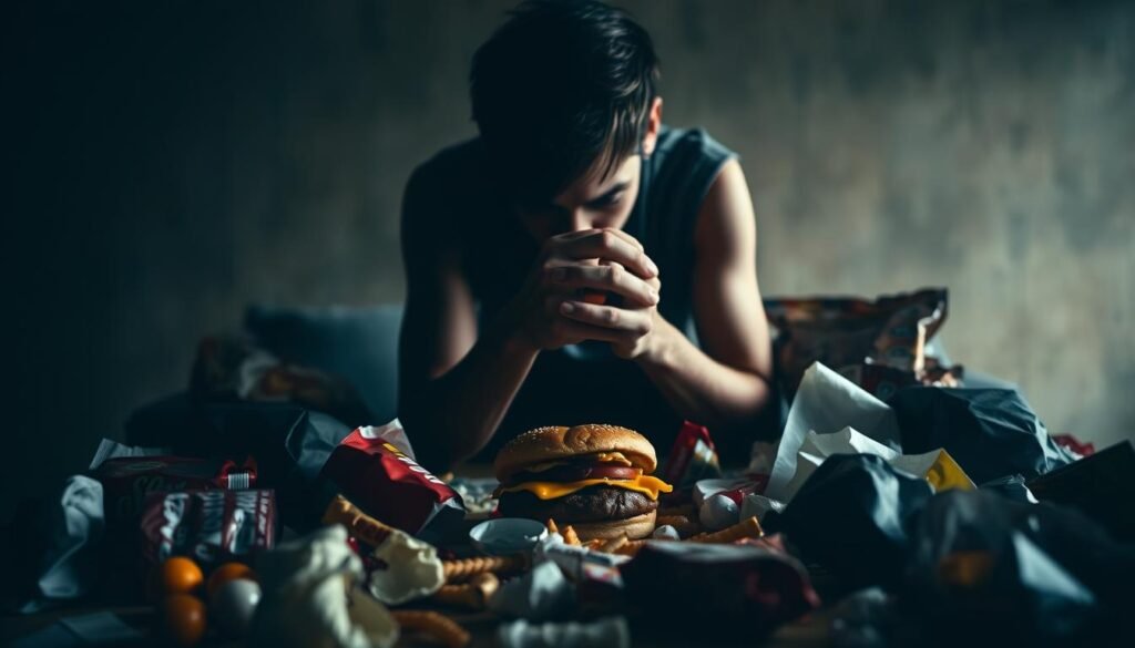 A troubled individual sits hunched over a table, surrounded by a chaotic jumble of various unhealthy snacks and fast food items. Dim, moody lighting casts shadows across the scene, conveying a sense of emotional turmoil and compulsive behavior. The foreground focus is on the person's hands grasping a burger, their face obscured, reflecting the internal struggle of food addiction. In the middle ground, discarded wrappers, crumpled bags, and half-eaten treats litter the table, symbolizing the disarray and loss of control. The background fades into a blurred, hazy environment, further emphasizing the individual's disconnection from their surroundings as they become consumed by their vice.