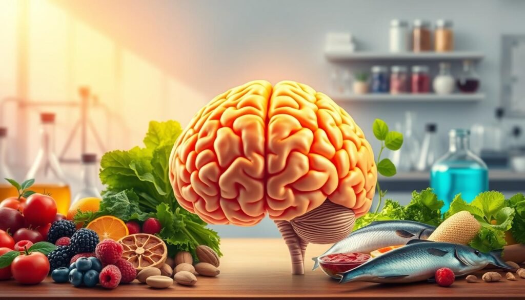 A vibrant and detailed illustration depicting the concept of "Nutrologia e Saúde Cerebral". In the foreground, a large, anatomically accurate brain model sits atop a table, surrounded by an assortment of healthy foods such as leafy greens, berries, nuts, and fish. The brain is illuminated from above by warm, natural lighting, highlighting its intricate structure and the interconnected neural pathways. In the middle ground, various scientific instruments and laboratory equipment, including beakers, pipettes, and petri dishes, convey the research and medical aspects of nutrologia. The background features a blurred, clean, and minimalist laboratory setting, suggesting the scientific and clinical nature of this field. The overall composition and color palette create a sense of balance, harmony, and the importance of proper nutrition for optimal brain health.