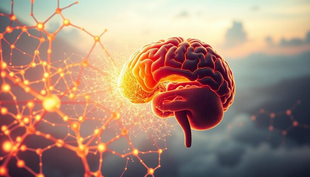 A vibrant and dynamic illustration of "Desenvolvimento Mental", depicting the intricate workings of the human brain. In the foreground, a glowing neural network pulsates with energy, representing the intricate synaptic connections that drive our cognitive functions. The middle ground showcases a cross-section of the brain, revealing its intricate anatomical structures in vivid detail, bathed in a warm, soft light. In the background, a hazy, dreamlike landscape unfolds, with subtle visual cues hinting at the cognitive processes at play. The overall composition conveys a sense of depth, complexity, and the profound impact of mental development on our lives. Captured with a sharp, cinematic lens, this image aims to visually captivate and inspire contemplation on the wonders of the human mind.