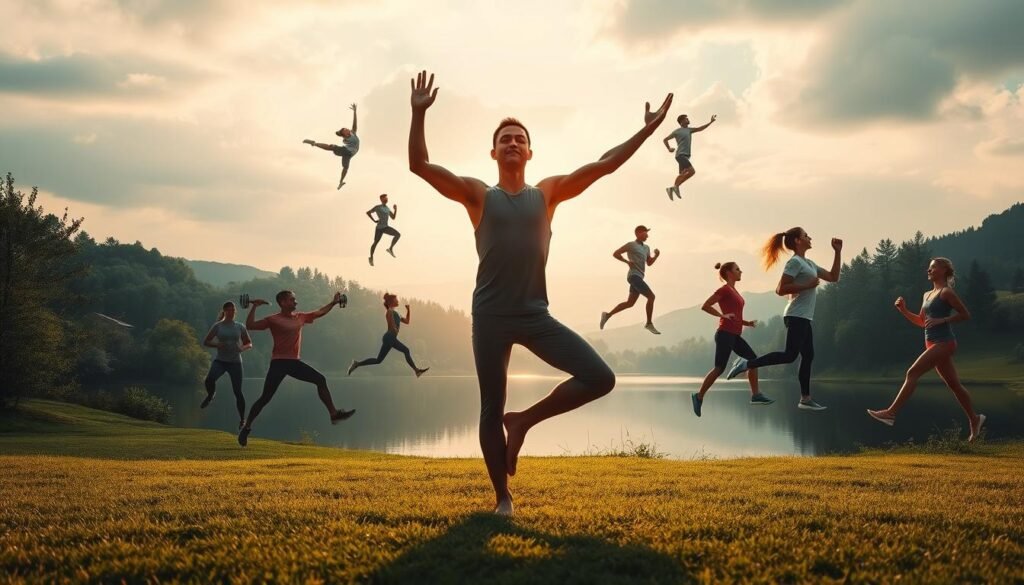 A vibrant and dynamic scene of a person engaged in various physical exercises, surrounded by a serene and meditative environment. The foreground depicts the individual performing a series of yoga poses, their body in graceful motion, muscles engaged and energy flowing. The middle ground showcases other exercises such as jogging, weight training, and cardio activities, all contributing to the overall sense of physical and mental well-being. The background features a calming natural setting, with lush greenery, a tranquil lake, and a serene sky, creating a harmonious atmosphere that emphasizes the connection between physical activity and cerebral health. Soft, warm lighting illuminates the scene, casting a gentle glow and evoking a sense of balance and rejuvenation. The overall composition conveys the idea that regular physical exercise can have a profound impact on the brain's function and well-being.