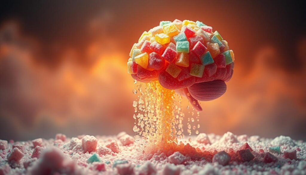 A vibrant and surreal depiction of "sugar in the brain". In the foreground, a human brain composed of colorful, crystallized sugar cubes, with synaptic connections pulsing with energy. In the middle ground, a cascade of sugar granules raining down, illuminated by a warm, diffused light. The background fades into a hazy, dreamlike landscape, evoking the powerful influence of sugar on the mind. The scene conveys a sense of intoxication, addiction, and the insidious nature of sugar's impact on cognitive function. Capture this with a cinematic, high-contrast aesthetic using a wide-angle lens to create a sense of immersion.