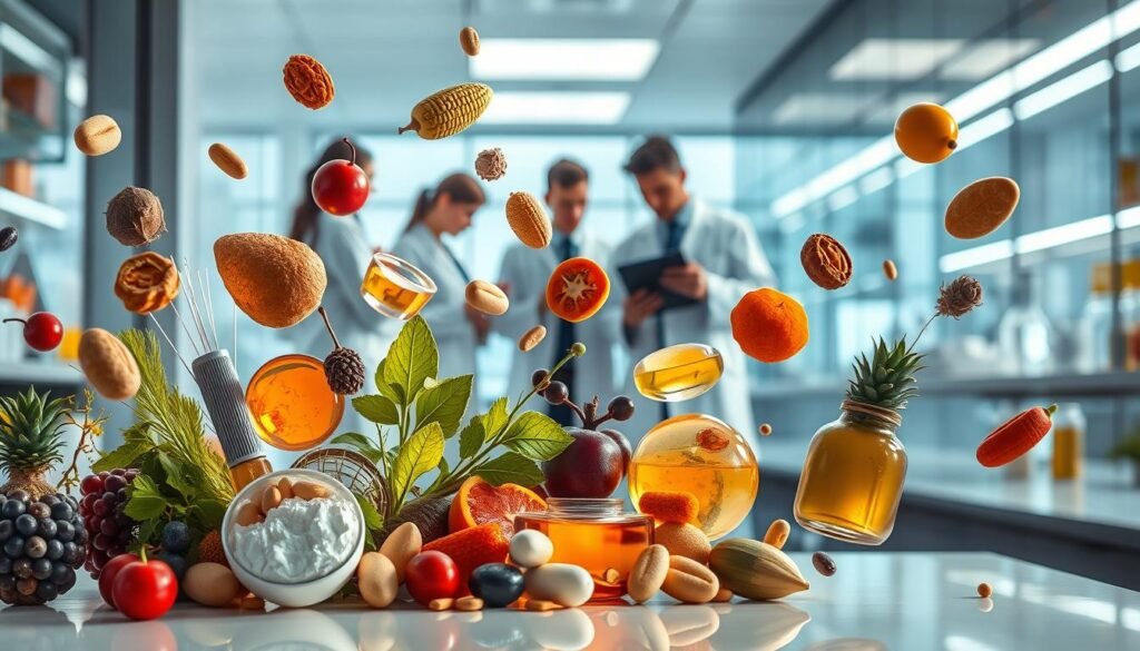 A vibrant, dynamic composition showcasing the latest advancements in the field of Nutrition. In the foreground, a collection of diverse, nutrient-rich ingredients and supplements float weightlessly, illuminated by warm, natural lighting. In the middle ground, a team of researchers in lab coats pore over data and diagnostic equipment, capturing the spirit of innovation and discovery. The background depicts a sleek, modern laboratory setting, with clean lines, gleaming surfaces, and state-of-the-art technology. An atmosphere of intellectual curiosity, scientific rigor, and a commitment to improving human health permeates the scene, conveying the profound impact of Nutritional advancements on our well-being.