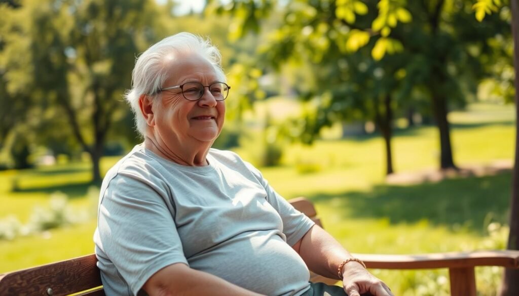 A vibrant, healthy lifestyle after bariatric surgery. An older adult engrossed in a serene outdoor scene, filled with lush greenery and warm sunlight. The subject sits comfortably on a wooden bench, radiating a sense of peace and vitality. Their posture is upright, their features reflecting a calm, content expression. In the background, a verdant landscape extends, with trees gently swaying in the breeze. The overall atmosphere conveys a message of longevity, wellness, and the rejuvenating power of a post-bariatric journey.