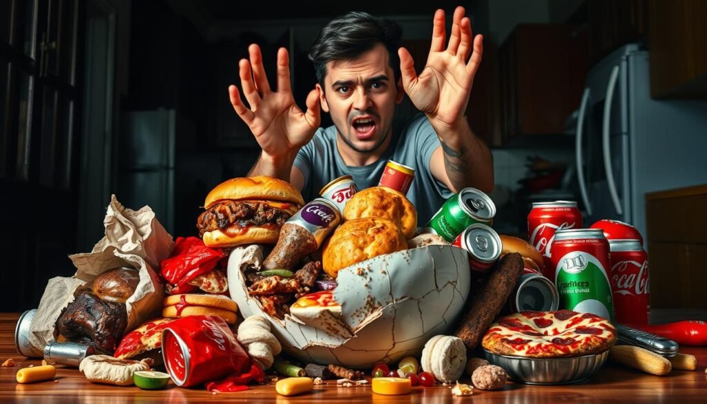 A vibrant still life depicting the concept of "Vício em Comida" (Food Addiction). In the foreground, a disarray of unhealthy snacks and comfort foods - greasy burgers, gooey pizzas, sugary pastries, and soda cans - spilling out of a cracked ceramic bowl. The middle ground shows a person's hands reaching desperately towards the indulgent treats, their expression one of conflicted desire. The background features a dimly lit, cluttered kitchen, with a sense of isolation and overwhelming temptation. The lighting is moody, casting dramatic shadows that accentuate the obsessive nature of the addiction. The overall composition conveys the powerful grip that unhealthy eating can have on the mind and body.