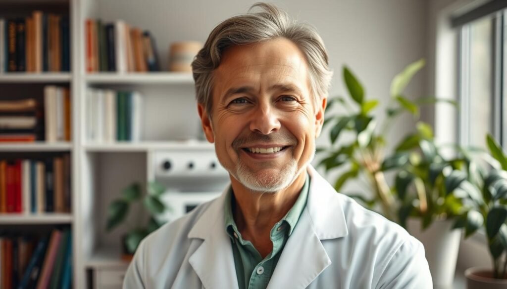 A warm, professional portrait of Dr. Jô Furlan, a renowned Brazilian integrative medicine specialist, standing in his office. He is wearing a white lab coat and a friendly expression, with an air of expertise and compassion. The background features bookshelves, medical equipment, and plants, creating a soothing, natural atmosphere. Soft, natural lighting illuminates his face, highlighting his thoughtful gaze and creating a sense of depth and dimension. The composition is balanced, with Dr. Furlan positioned slightly off-center, inviting the viewer to engage with him. The overall impression is one of a caring, knowledgeable practitioner dedicated to holistic healthcare.