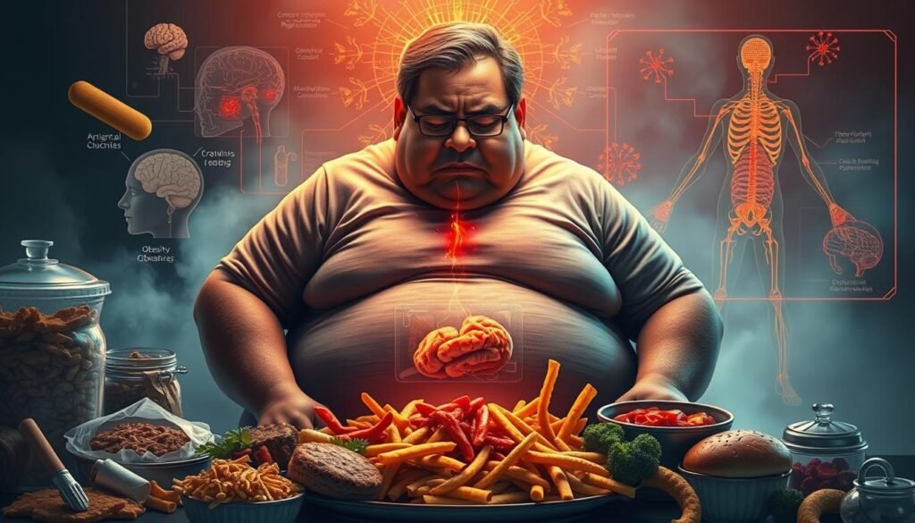 Detailed conceptual illustration of the relationship between obesity and food addiction. Foreground depicts an overweight person struggling with cravings, surrounded by an array of unhealthy, high-calorie foods. Midsection shows the psychological and neurological mechanisms driving this compulsive eating behavior. Background features a visual representation of the physiological effects of obesity, such as inflammation and metabolic disruption. Dramatic lighting and color palette evoke the complex, intertwined nature of this condition. Realistic, cinematic style with a sense of depth and dimensionality. No text or distracting elements, allowing the imagery to convey the core concepts.