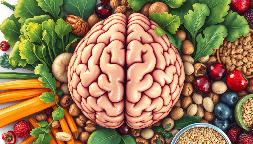 Healthy Brain Nourishment: a detailed close-up illustration of a human brain surrounded by a variety of vibrant, nutritious foods arranged in an aesthetically pleasing composition. The brain is depicted with intricate, anatomical accuracy, with its various lobes and structures clearly visible. The foods, such as leafy greens, berries, nuts, and whole grains, are positioned strategically around the brain, suggesting a direct connection between a healthy diet and optimal brain function. The lighting is soft and natural, highlighting the textures and colors of the ingredients. The overall mood is one of balance, vitality, and a sense of the brain's essential role in our well-being.